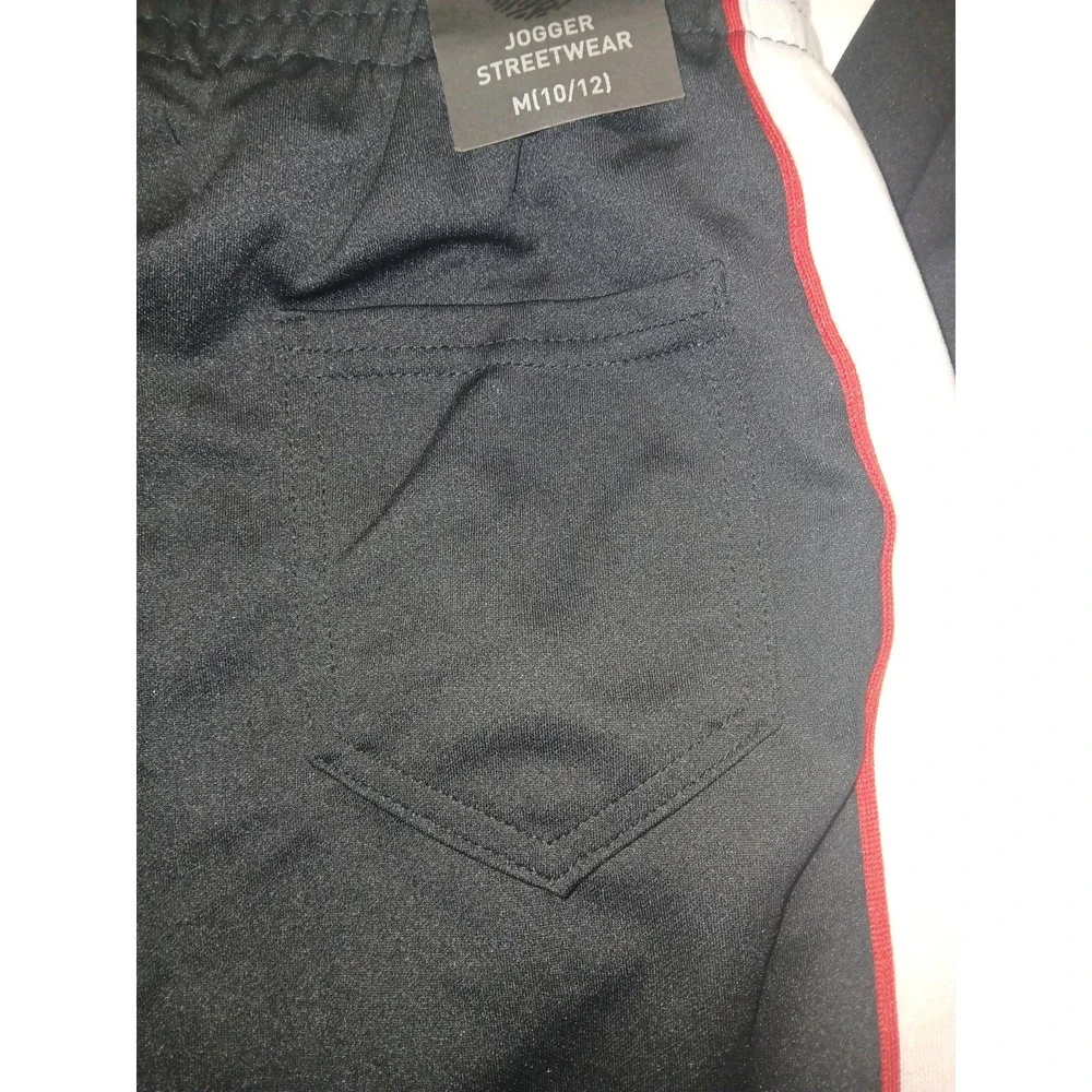 Reset Boys Tricot Track Pants Black White Red Side Stripe Sz 10/12